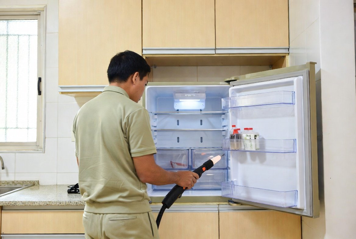Technician repairing a refrigerator in a Singapore HDB kitchen.