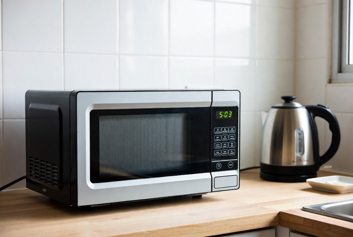 Microwave oven on a kitchen counter in a Singapore HDB flat.