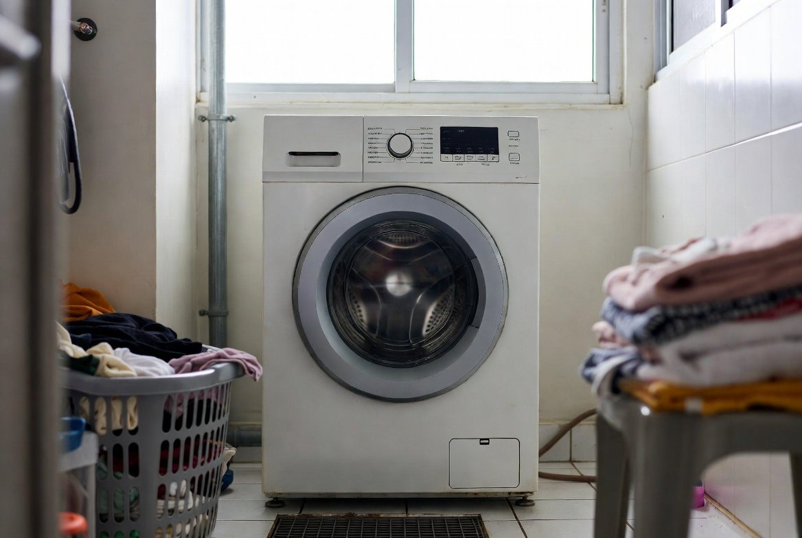 Washing machine in a Singapore HDB utility area.